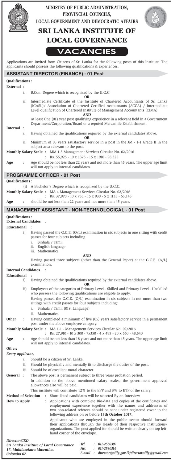 Assistant Director (Finance), Programme Officer, Management Assistant - Sri Lanka Institute of Local Governance